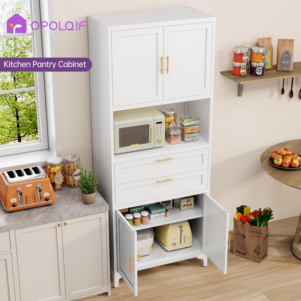 75" Tall Food Kitchen Pantry Cabinet,Tall Bathroom Storage Cabinet with 4 Doors and Shelves & 2 Drawers, Freestanding Cupboard for Living Room/Bathroom (White)