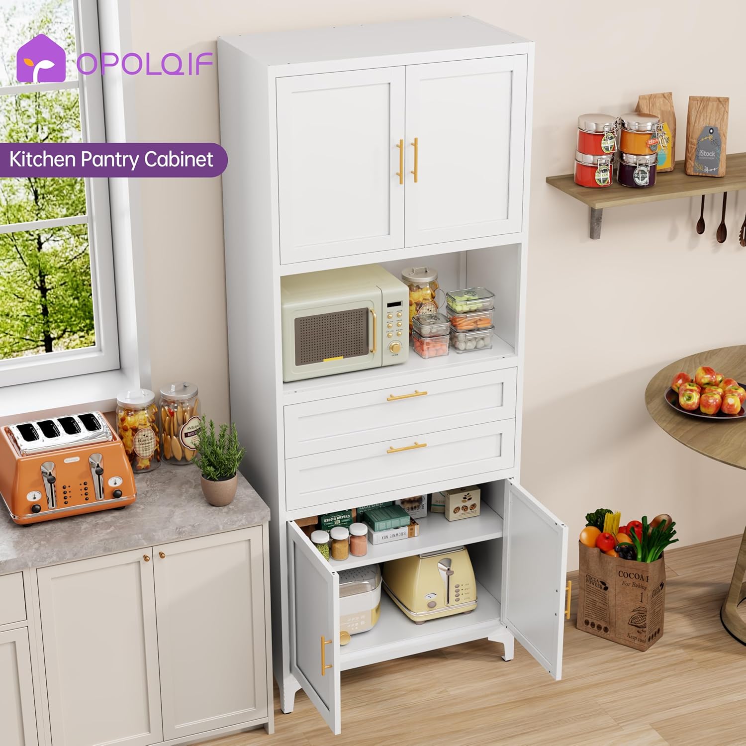 75" Tall Food Kitchen Pantry Cabinet,Tall Bathroom Storage Cabinet with 4 Doors and Shelves & 2 Drawers, Freestanding Cupboard for Living Room/Bathroom (White)