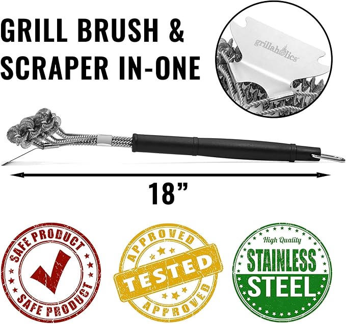 Grillaholics Grill Brush for Outdoor Grill - Safe Bristle Free BBQ Brush with Built-in Scraper – The Perfect Grilling Accessory for Cleaner Grilling