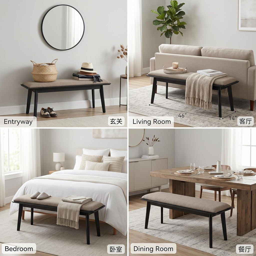Kmax Entryway Bench, 46" Dining Bench with Wood Leg Rustic Upholstered Window Bench for Entrance Dining Room Living Room - Chenille Grey, Black Legs