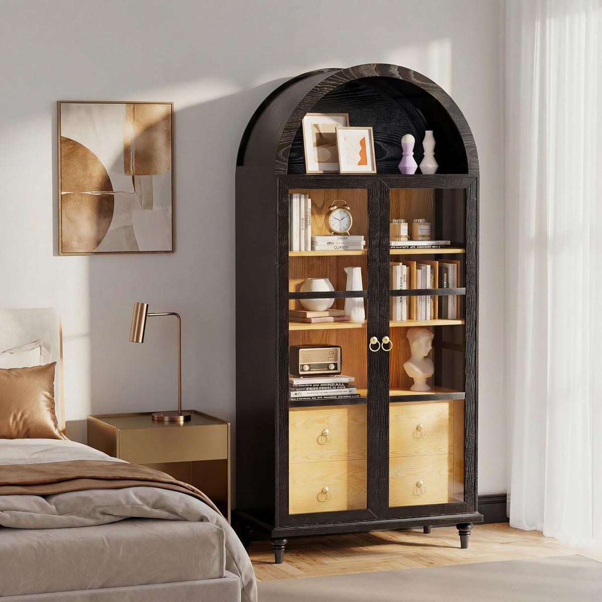 YESHOMY Kitchen Pantry Cabinet, 71" Arched Storage Cabinets Tall Pantry, Bookshelf, with Large Drawers, Shelves and Glass Doors, Farmhouse Cupboard, for Living Room, Dining Room(Textured Black)