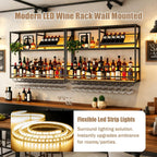 Metal Wall Mounted Liquor Shelf with LED, 31.5in Black (31.5in/80cm) | Floating shelf w/wine glass rack, 45° adjustable step display rack (L-R), for Kitchen/Bar/Cafe/Shop