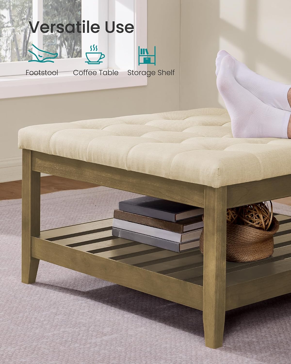 SONGMICS Storage Ottoman with Solid Wood Frame, Square Upholstered Ottoman Coffee Table, Footrest, Tufted Cushion, for Living Room, Easy Assembly, 31.5 x 31.5 x 17.7 Inches, Summer Sand ULSF008LF01