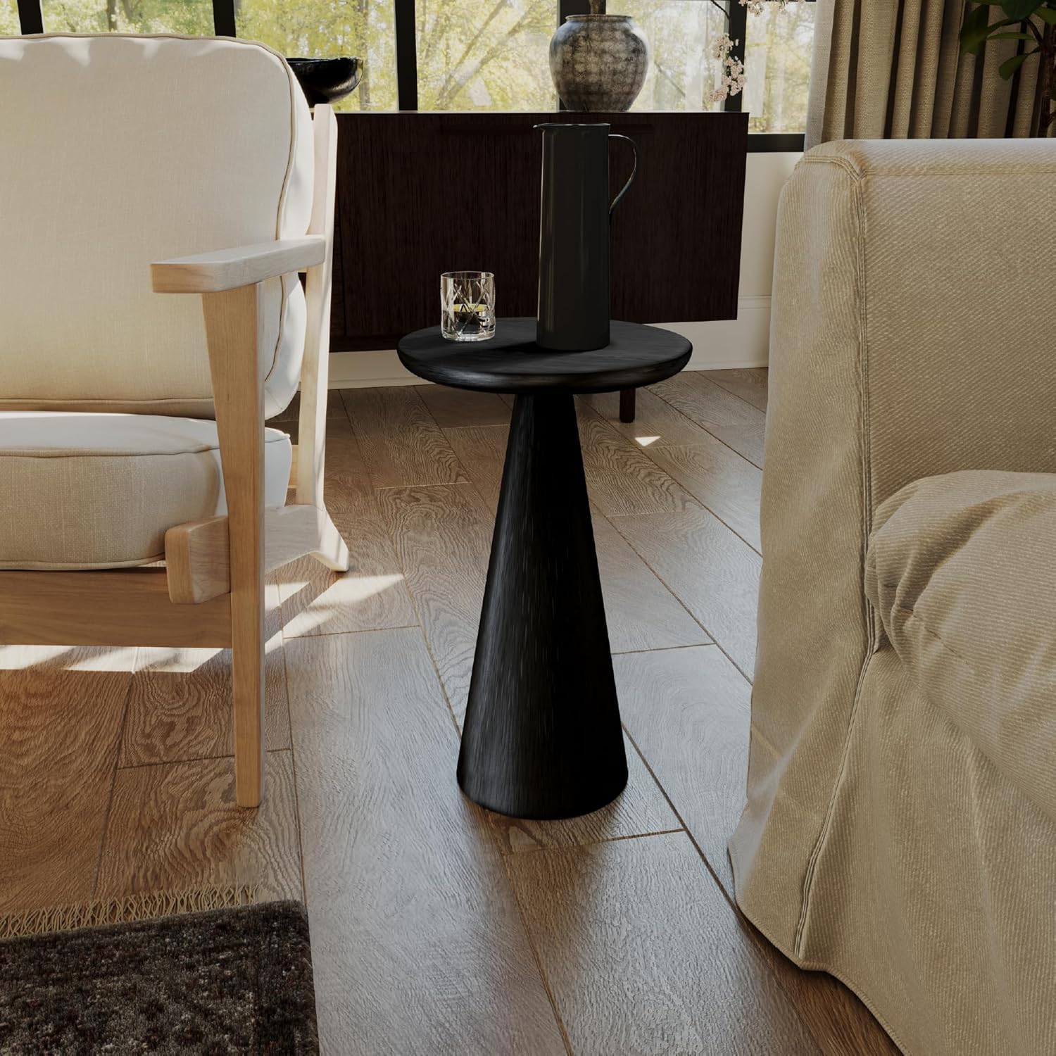 Maven Lane Wood Side Table, 12" Round, Modern Farmhouse Accent Table, Circular Rustic Industrial End Table for Living Room, Family Room, Bedroom, Small Spaces, Owen Drink Table (Aged Black)