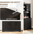 Spacious Storage & Modern Design Pantry Cabinet with Hutch – 70.9'' Tall Kitchen Cabinet – Glass Doors, Built-in Charging Station – Ideal for Dining Room – Black Color
