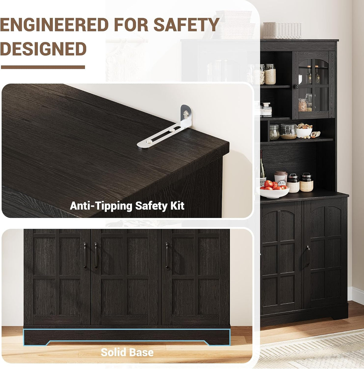 Spacious Storage & Modern Design Pantry Cabinet with Hutch – 70.9'' Tall Kitchen Cabinet – Glass Doors, Built-in Charging Station – Ideal for Dining Room – Black Color