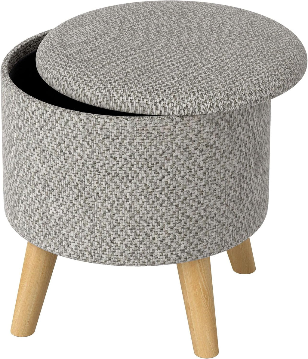 Light Gray Round Storage Ottoman with Hidden Lid and Linen Fabric