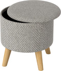 Light Gray Round Storage Ottoman with Hidden Lid and Linen Fabric