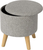 Light Gray Round Storage Ottoman with Hidden Lid and Linen Fabric