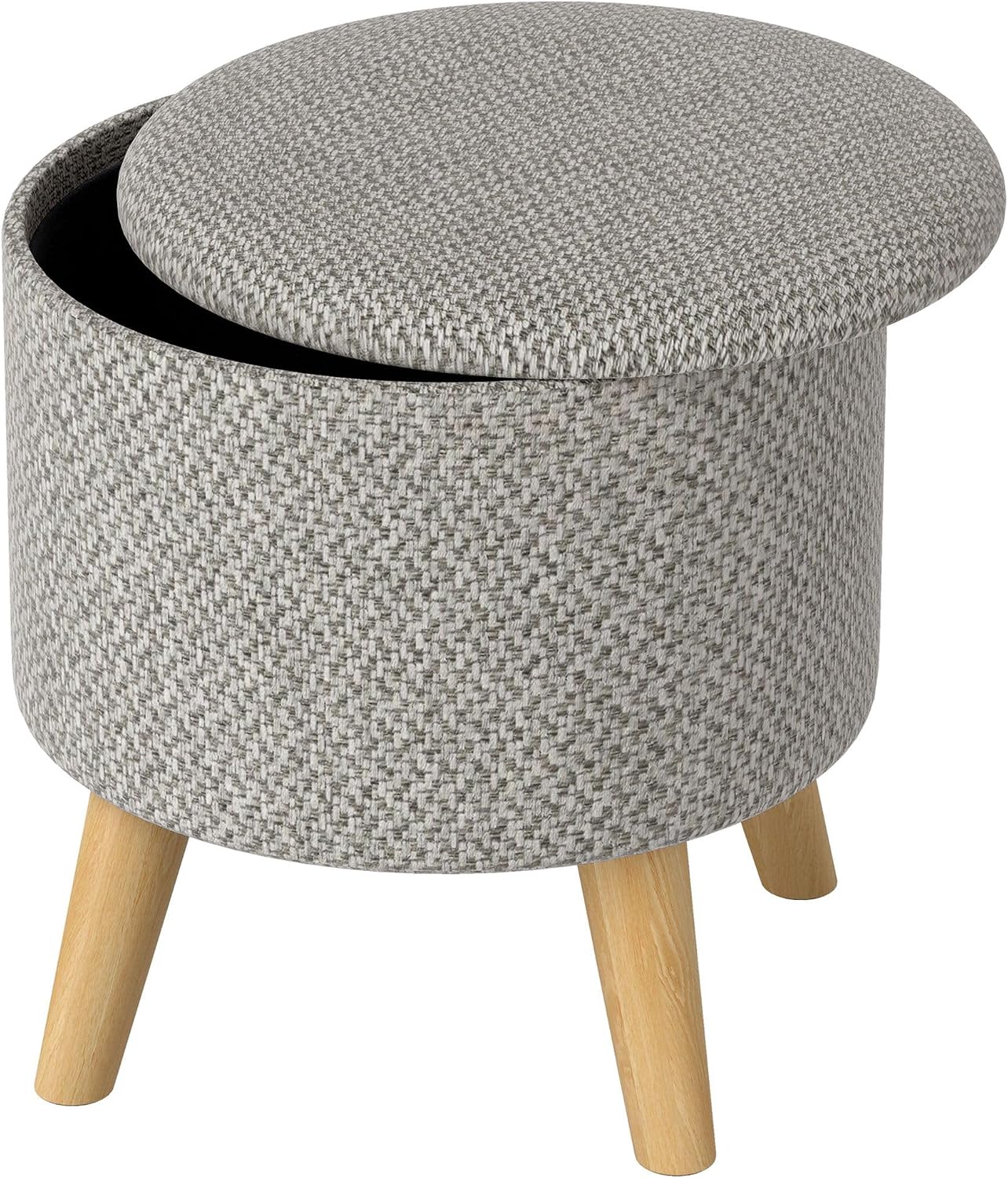 Light Gray Round Storage Ottoman with Hidden Lid and Linen Fabric