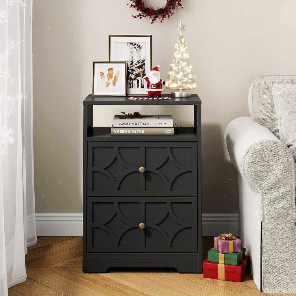 RoyalCraft Nightstand Set of 2, Large Night Stand with Charging Station, Modern Side Table with 2 Drawers, Accent End Table, Storage Cabinet for Bedroom, Entryway, Black