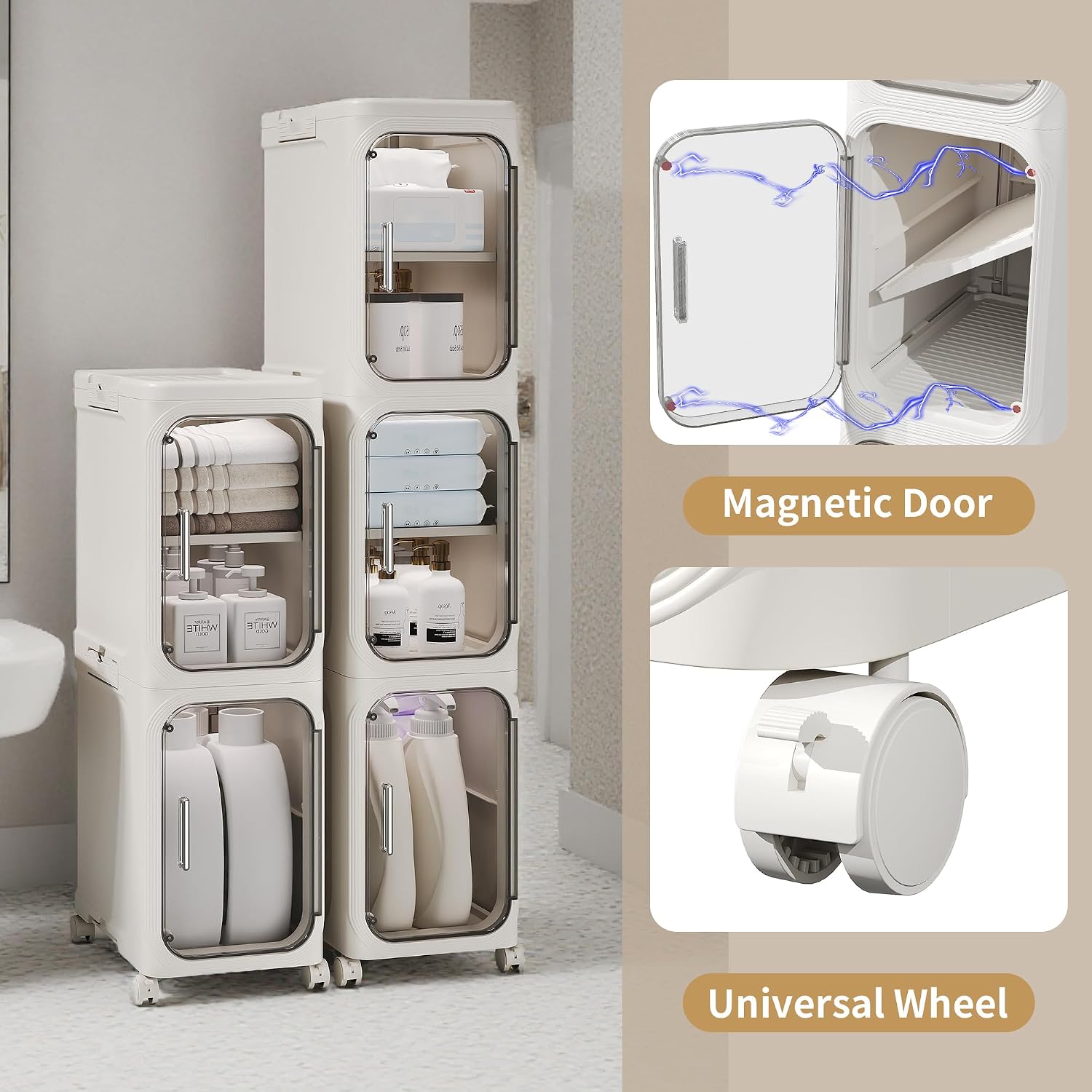Narrow Slim Bathroom Storage Cabinet with Wheels, 4-Tier White | Tool Free Assembly, Adjustable Shelves, Fits for Narrow Spaces, Reinforced Stability, Magnetic Clear Door