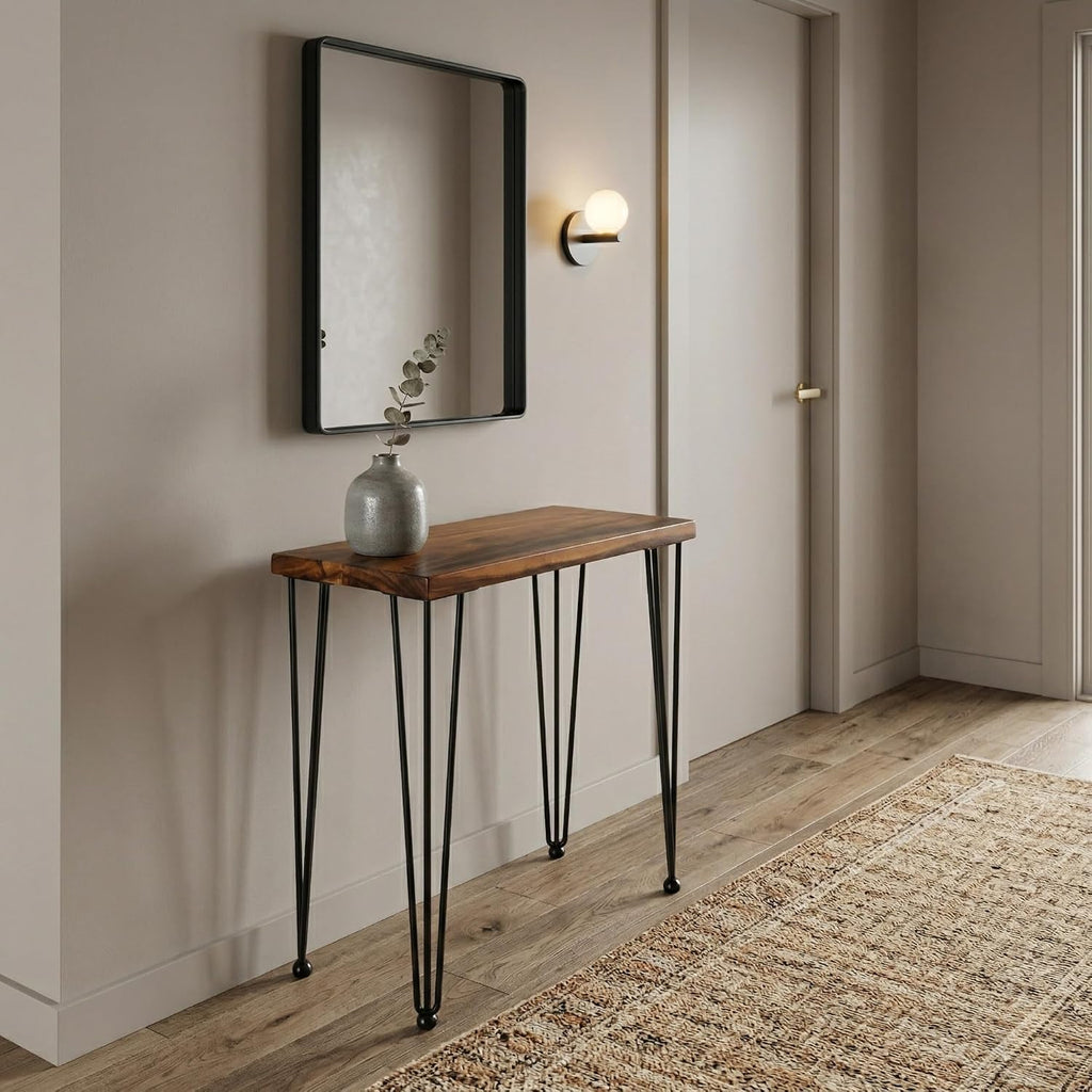 Walnut Solid Wood Side Table - 24 W 12 D Narrow End Table for Living Room, Hairpin Metal Legs, Water & Stain Resistant Finish