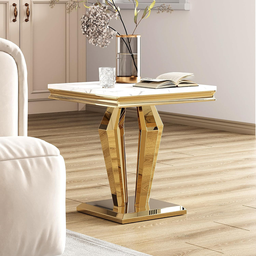 Faux Marble End Table, Modern 23" Square Side Table with Marble Tabletop and Diamond-Shape Stainless Steel Base for Living Room, Bedroom (White,Gold)