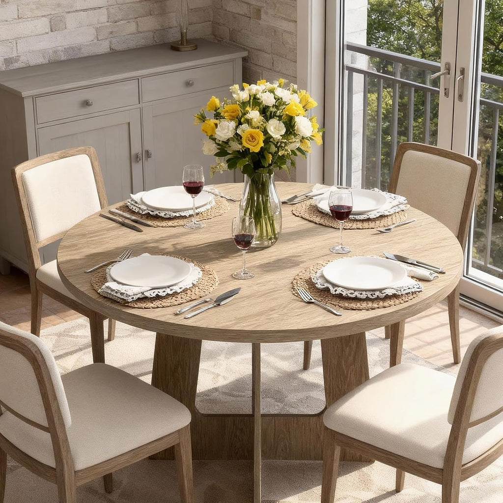 Round Dining Table for 4, 43.3'' Small Kitchen Table with Sturdy Pedestal Base, Wooden Dining Room Tables, Farmhouse Circle Dinner Tables for Living Room, Small Spaces, Space Saving, Natural Wood