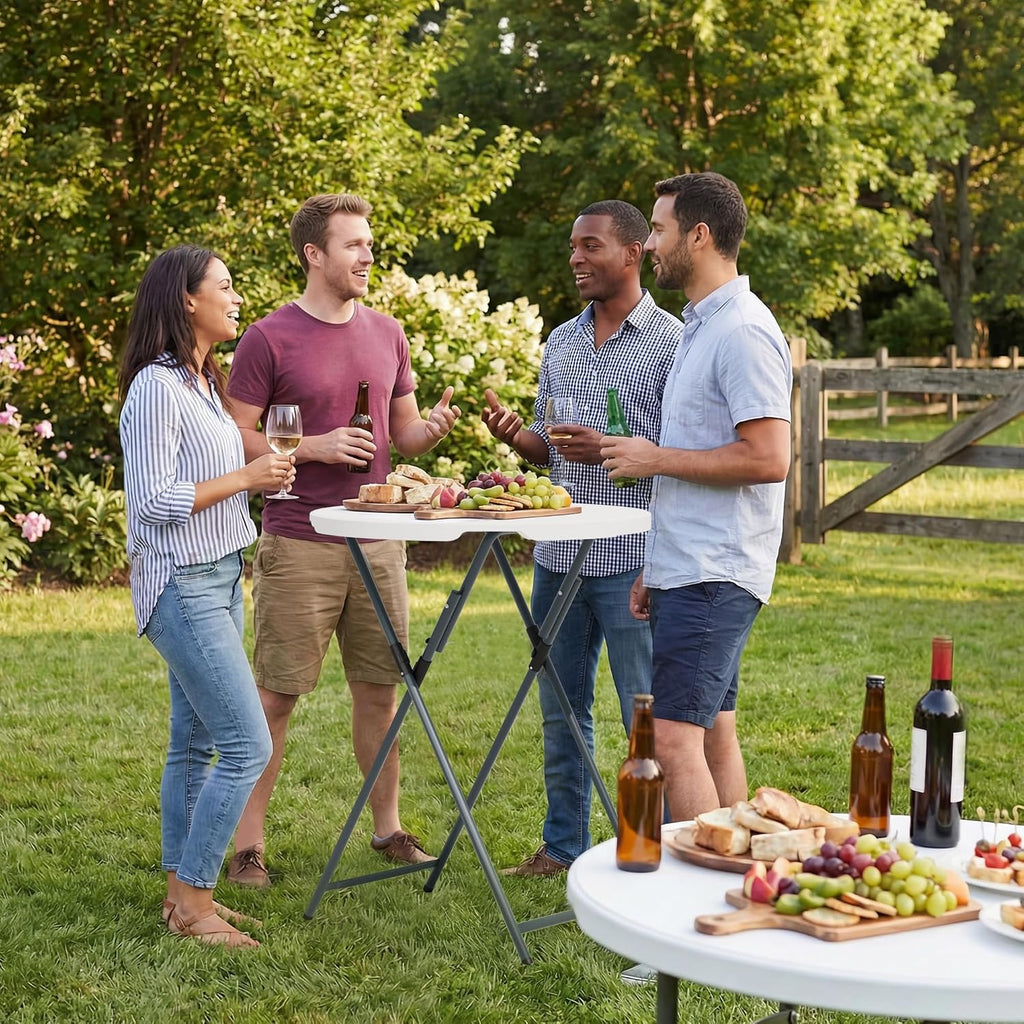 32" Round Folding Cocktail Table - HDPE Matrial Top with Steel Frame, Stable & Easy to Clean - High Top Table for Parties, Patio, Events, 4 Pack, White