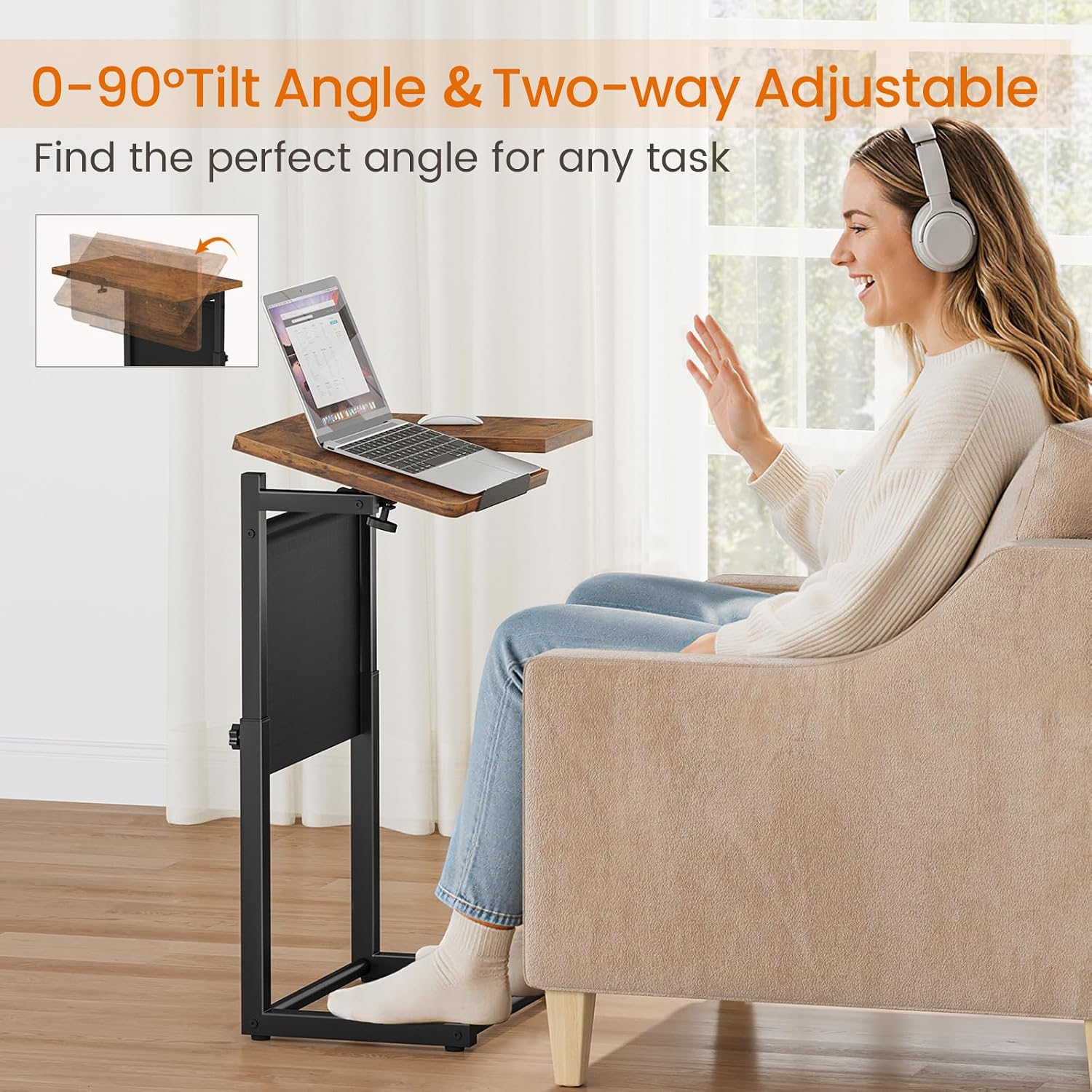 Giikin TV Tray Table, 23.6" Extra Large Side Table, Adjustable Height TV Trays for Eating on Couch, 90° Tilt Angle Foldable C-Shaped End Table with Storage for Small Spaces Sofa Bed Dinner