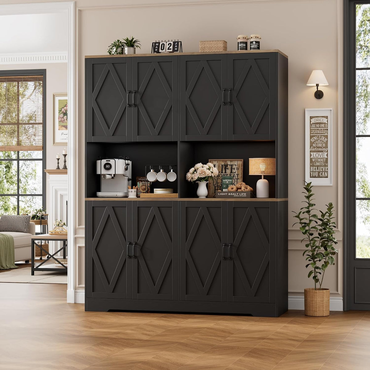 HOSTACK 55" W Pantry Cabinet, 71" Tall Kitchen Hutch Storage Cabinet, Black | Farmhouse Hutch Cabinet with 2 Independant Countertops, 4 Large Storage Cabinets with Shelves / Accent Doors for Dining Room
