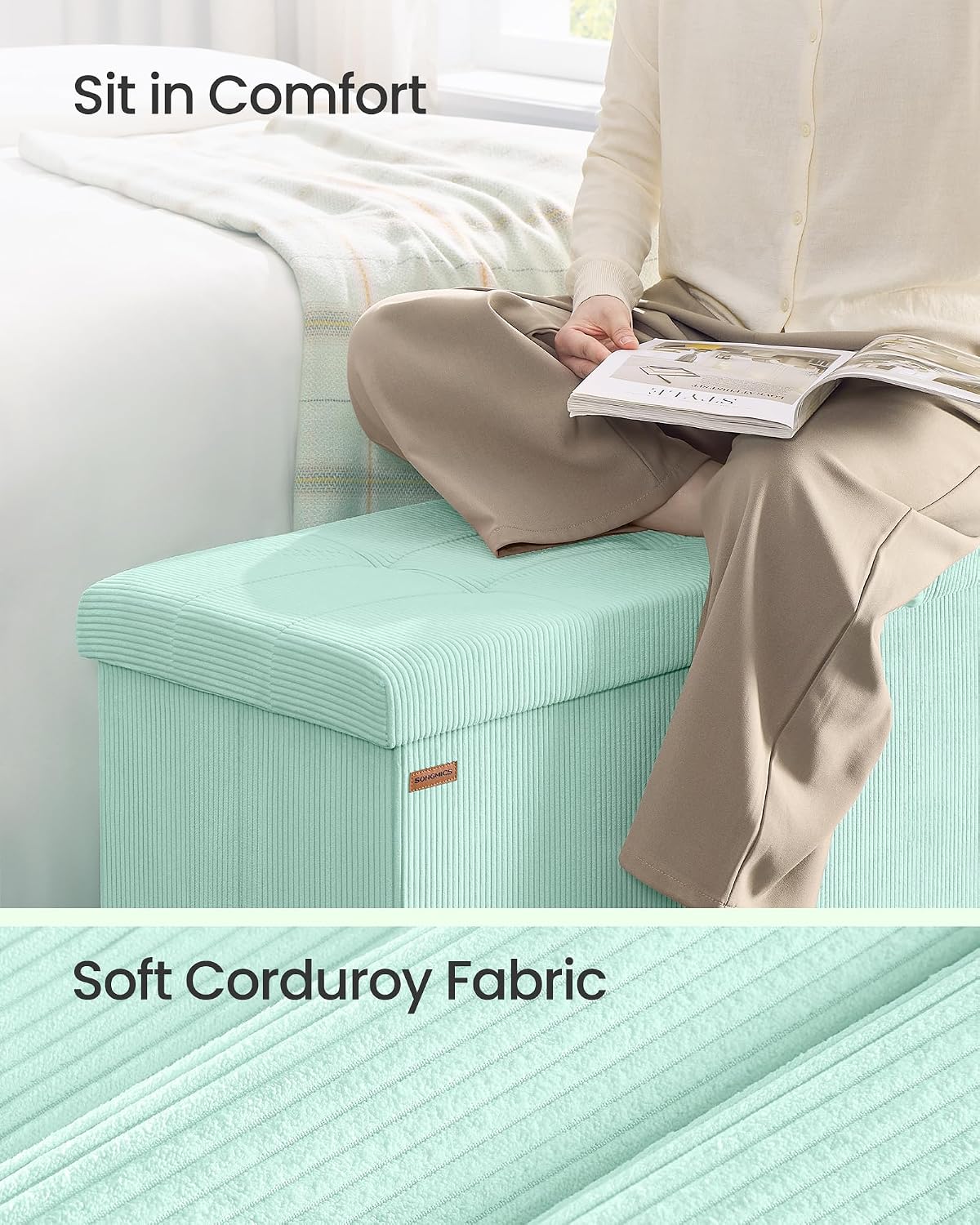 SONGMICS Ottoman Storage Bench, 43 Inch Foldable Foot Rest | Corduroy, for Entryway, Living Room, Bedroom, Moonlight Green, MINOTA Collection ULSF604C01