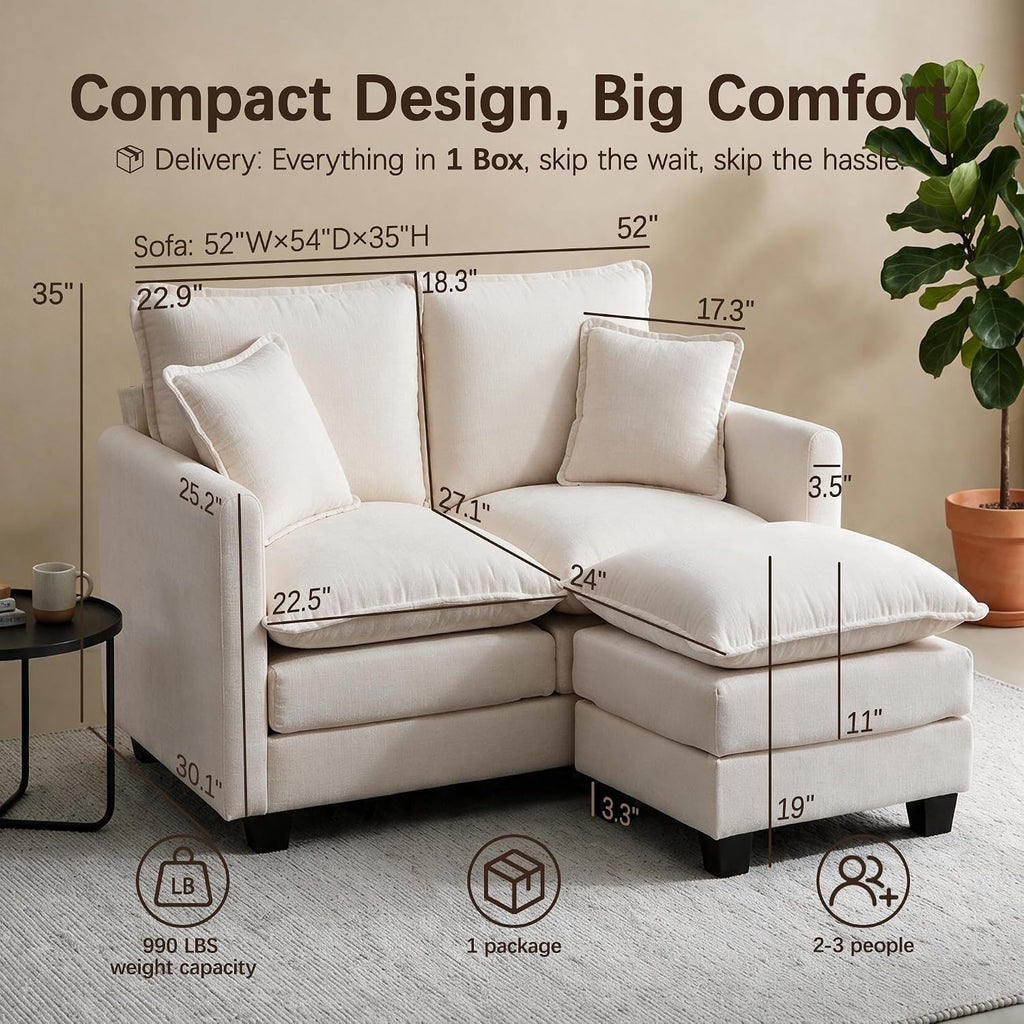 52" Loveseat Sofa, L-Shaped Cloud Love Seat Couches with Ottoman