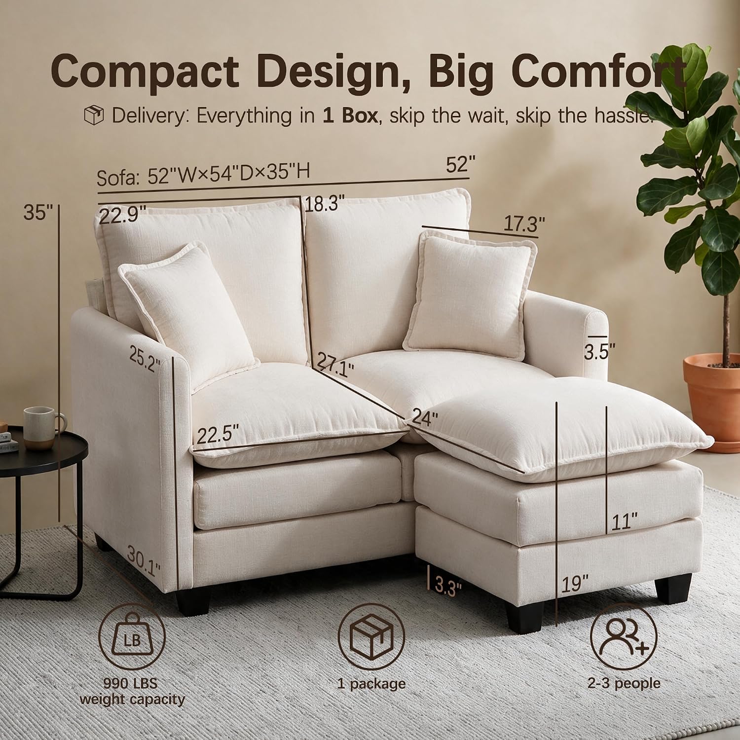 52" Loveseat Sofa, L-Shaped Cloud Love Seat Couches with Ottoman