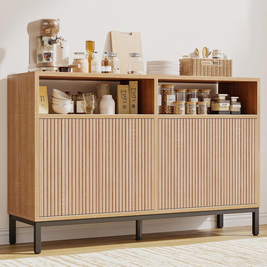 Mericonia Farmhouse Buffet Sideboard Cabinet with Storage, Fluted Coffee Bar with Doors and Adjustable Shelves, Modern Wood Console Cabinet for Kitchen, Livingroom (Fluted 4 Door, Natural)