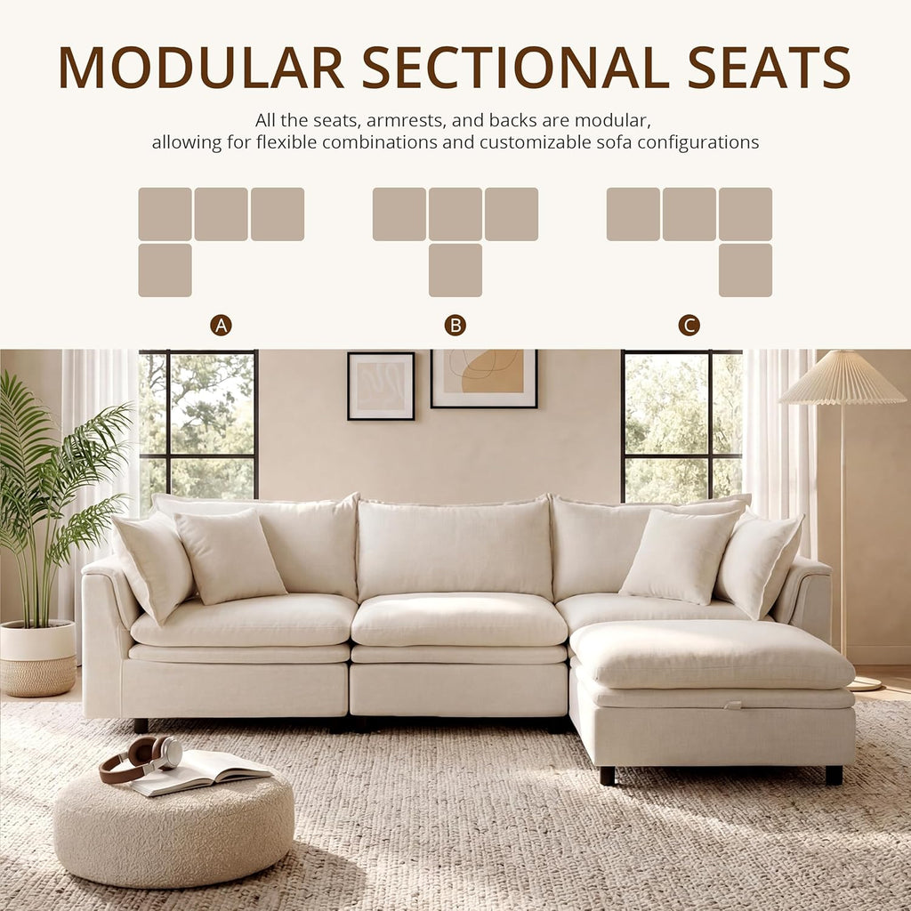 113.4'' Modular Sectional Sofa with Storage Ottoman, Oversized L Shaped Cloud Couch, Modern Comfy Chenille Deep Seat Sleeper Sofa, 4 Seat Convertible Couches for Living Room, Beige