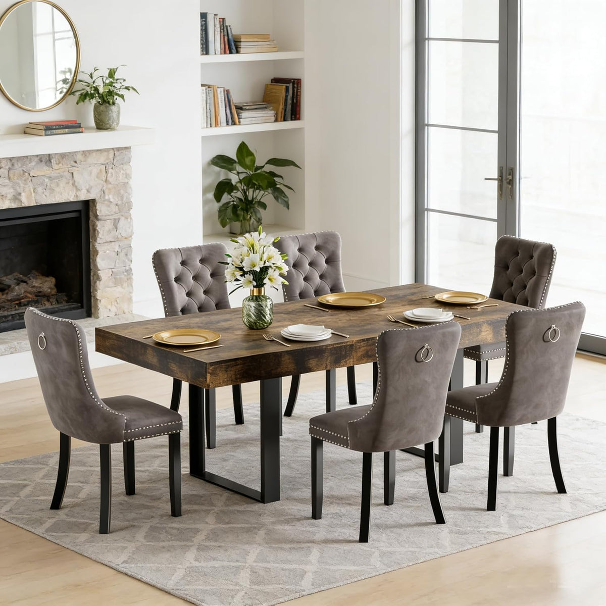 7-Piece Extendable Dining Table Set for 6, 63-78 Inch Rustic Brown Kitchen Table Set with 6 Grey Tufted Chairs Farmhouse Wood Expandable Dining Room Table Set 6 for Kitchen Dining