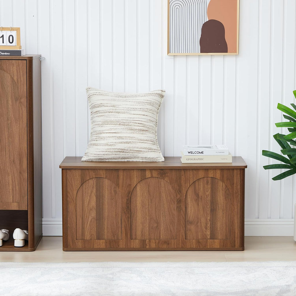 Storage Chest, 43'' Wood Storage Trunk with Flip-Top, Farmhouse Wooden Shoe Storage Bench for Hallway, Bedroom, Living Room, Walnut