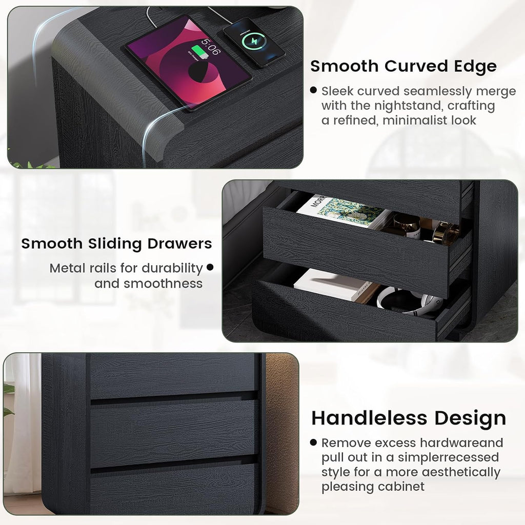 Standifurno Black Curved Night Stand Set of 2 with Charging Station, 25" Tall Wood Bedside Table Nightstand with 3 Storage Drawers, Mid Century Modern End Table for Bedroom, Office