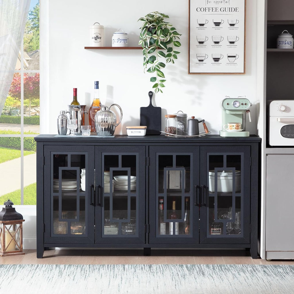 Joaxswe Large Sideboard Buffet Cabinet with Storage, 63" Farmhouse Credenza with 4 Glass Doors, Adjustable Shelves Console Table, Wood Kitchen Coffee Bar for Dining Room, Living Room, Black