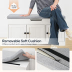 HOOBRO 39.4" Long Entryway Bench with Flip-Top Storage, 3 Tier Shoe Storage Bench with Thickened Padded Seat Cushion, Wooden Shoe Bench with 3 Barn Doors & Adjustable Shelf, White and Gray WG35HX01