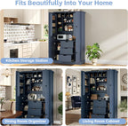 71" H Large Kitchen Pantry with 4 Doors, Freestanding Buffet with 3 Drawers, 6 Door Shelves and 6 Wine Racks, Wooden Storage Cabinet with Adjustable Shelves for Kitchen, Dining Room, Blue
