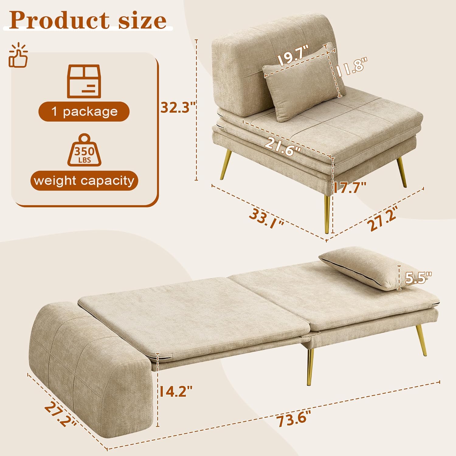 wanan 3-in-1 Convertible Sleeper Chair Bed, Futon Sofa Chair with Back Support & Pillow, Comfy Reading Chair for Adults with Solid Wood Frame & Sturdy Metal Legs for Living Room, Bedroom, Beige
