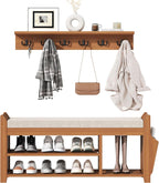 PETKABOO 39.4" Shoe Bench with Coat Rack Hidden Drawer and Side Holder, 2 Tier Entryway Bench with Storage, Bamboo Shoe Rack with Cushion for Entryway Hallway Living Room Bedroom