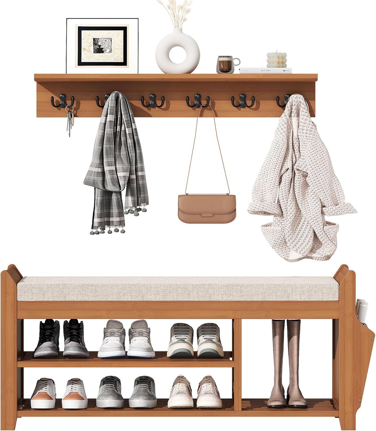 PETKABOO 39.4" Shoe Bench with Coat Rack Hidden Drawer and Side Holder, 2 Tier Entryway Bench with Storage, Bamboo Shoe Rack with Cushion for Entryway Hallway Living Room Bedroom