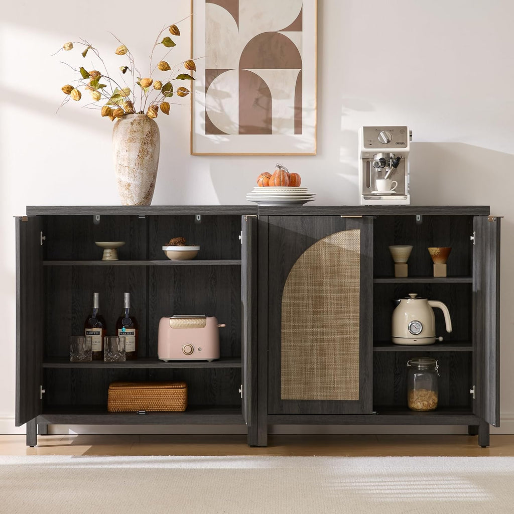 SICOTAS 102"W Rattan Sideboard Buffet Cabinet Set of 3, Modern Credenza Storage Cabinet with Arch Doors & Shelves, Boho Coffee Bar Media Console Cabinets for Kitchen, Living Room, Entryway, Black Oak