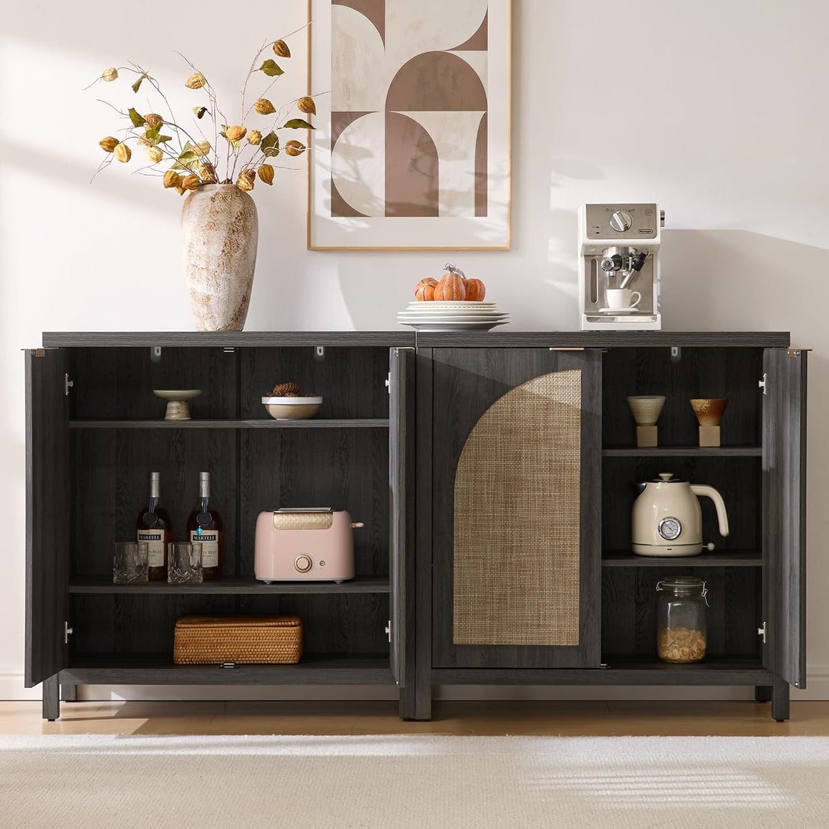SICOTAS 102"W Rattan Sideboard Buffet Cabinet Set of 3, Modern Credenza Storage Cabinet with Arch Doors & Shelves, Boho Coffee Bar Media Console Cabinets for Kitchen, Living Room, Entryway, Black Oak
