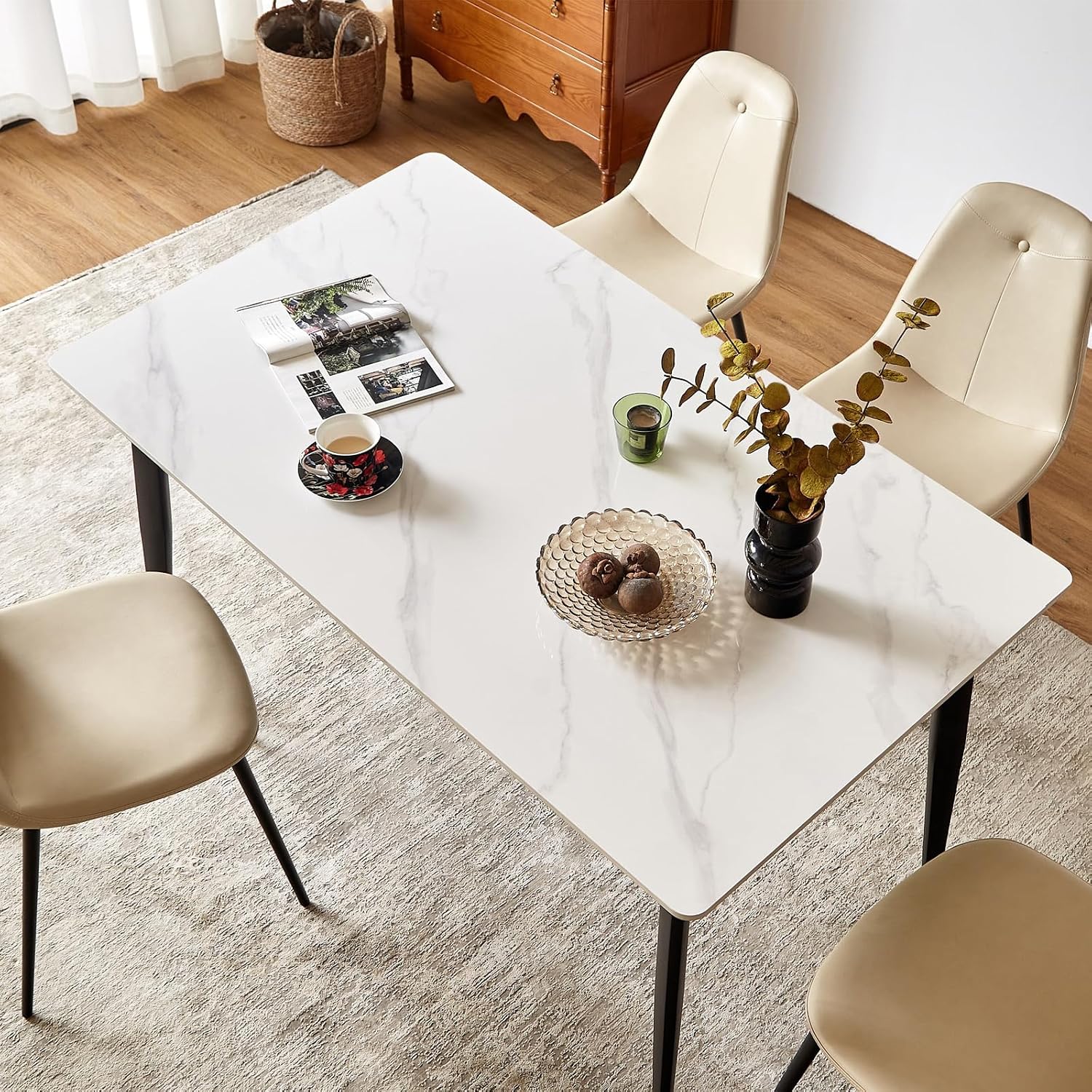 Sintered Stone Dining Table, Faux Marble Dining Table for 4-6 People, 55" Rectangular White Kitchen Table with Porcelain Table Top and Metal Legs for Living Room(1 Table Only)