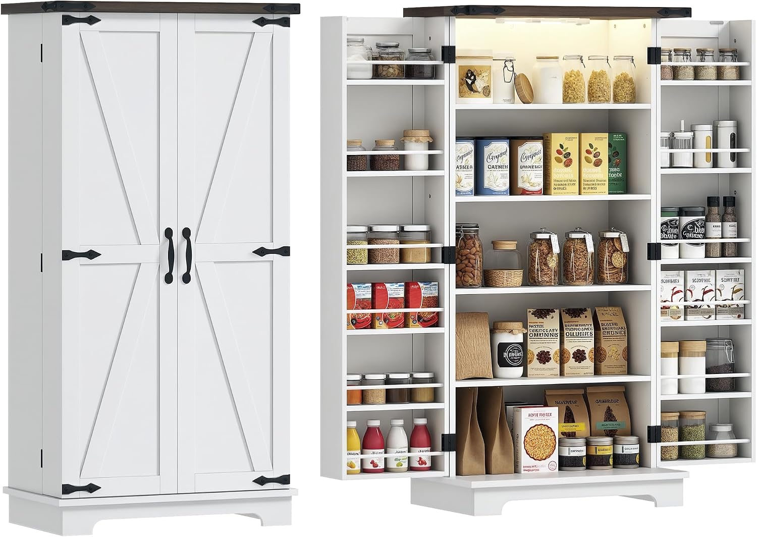 HOMCOM 47" LED Kitchen Pantry Cabinet with Barn Door 5 Deep Shelves White | Farmhouse Storage Cabinet, 12 Door Shelves, Freestanding Food Pantry