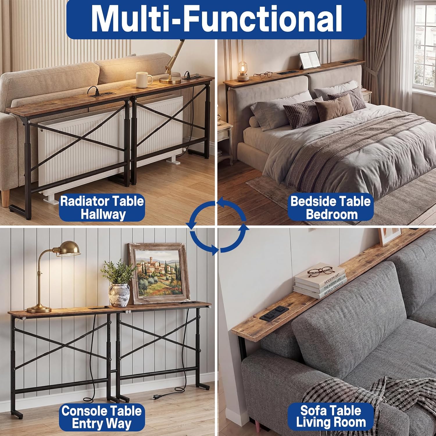 78.8inch Adjustable Height Narrow Sofa Side Table with 2 Power Outlets, Couch Behind Table for Small Space, Hallway, Entryway, Bedside, Bedroom, Stable, Easy to Assemble & Clean(Rustic Brown)