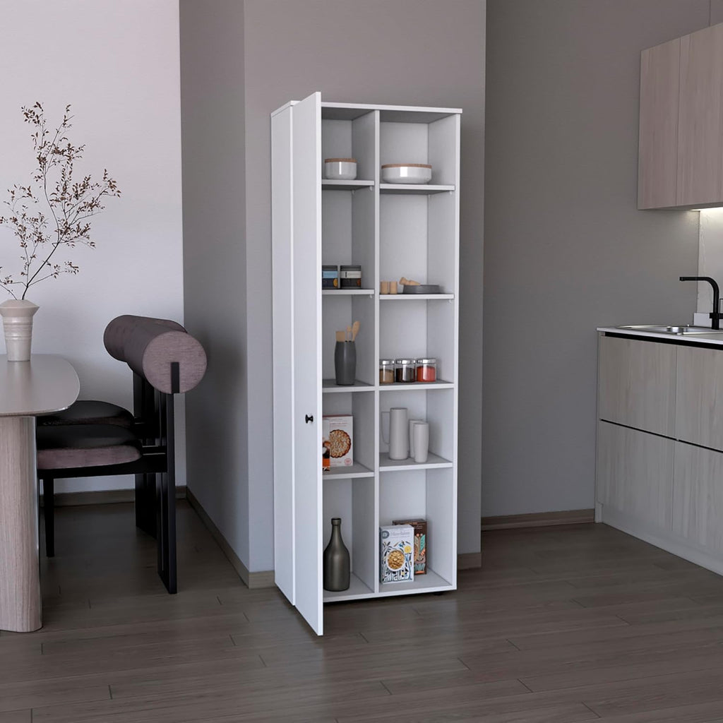 67" H Kitchen Storage Cabinet with One Door, Five Interior Shelves and Five Exterior Shelves,White