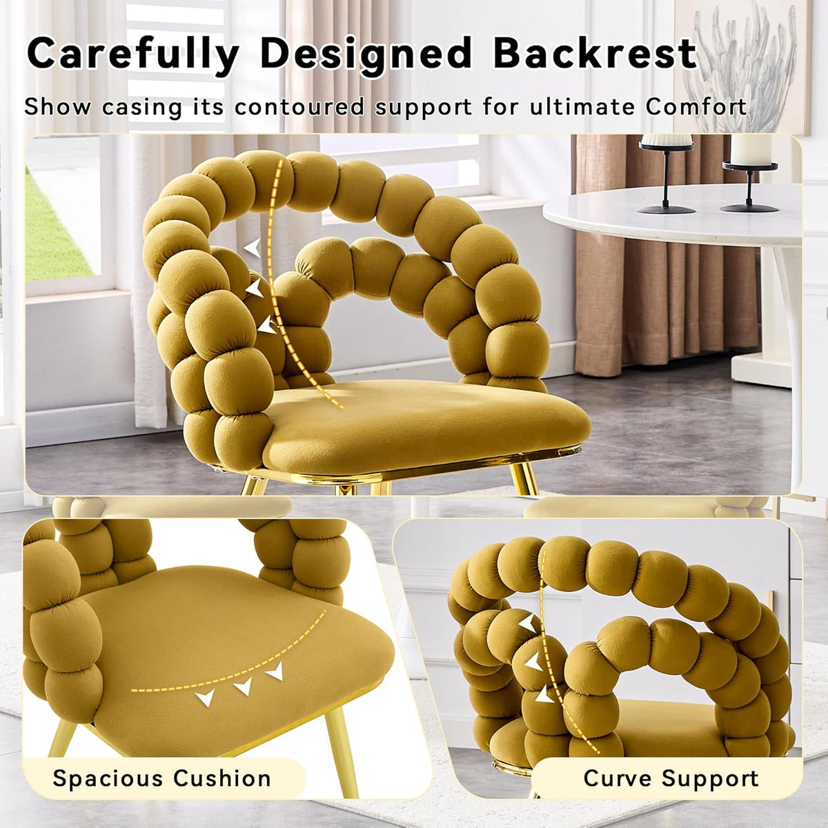 TesNus Velvet Dining Chairs Set of 2, Mustard Yellow Upholstered Velvet Chairs with Gold Metal Legs, Modern Armchairs with Curved Backrest for Dining Room, Living Room, or Makeup Vanity