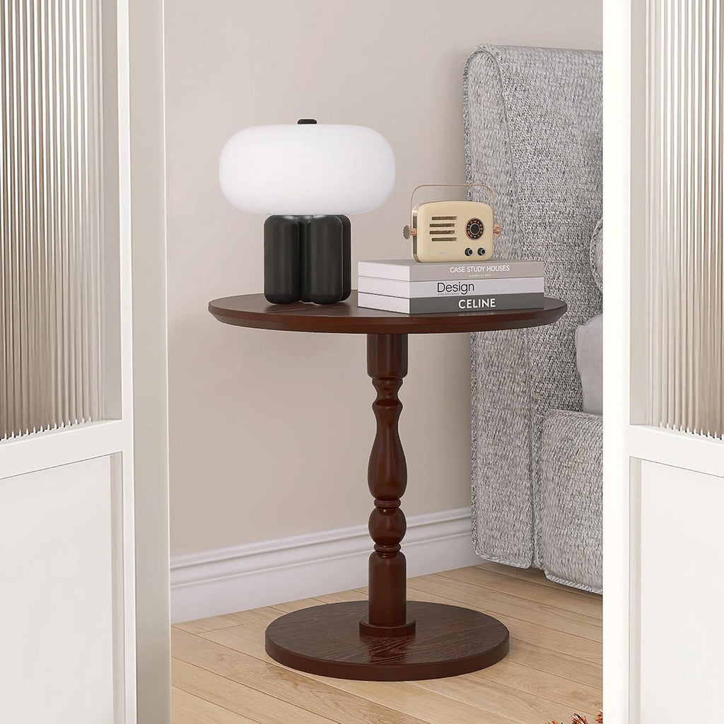 Round Side Table with Pedestal Base, 23.22" Wooden End Table, Coffee Table for Snacks & Drinks Living Room, Bedroom, Balcony (Walnut Dark Brown)