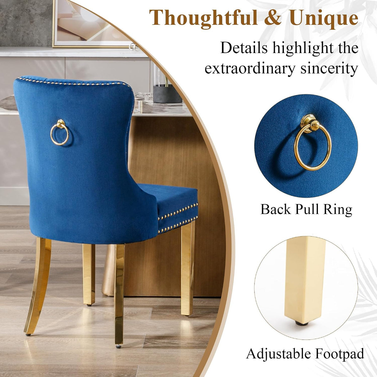 civama Dining Room Chairs Set of 4, Velvet Nikki Collection Dining Chair Upholstered Modern Tufted Kitchen Chair with Nailhead Back Pull Ring Golden Steel Legs, Blue