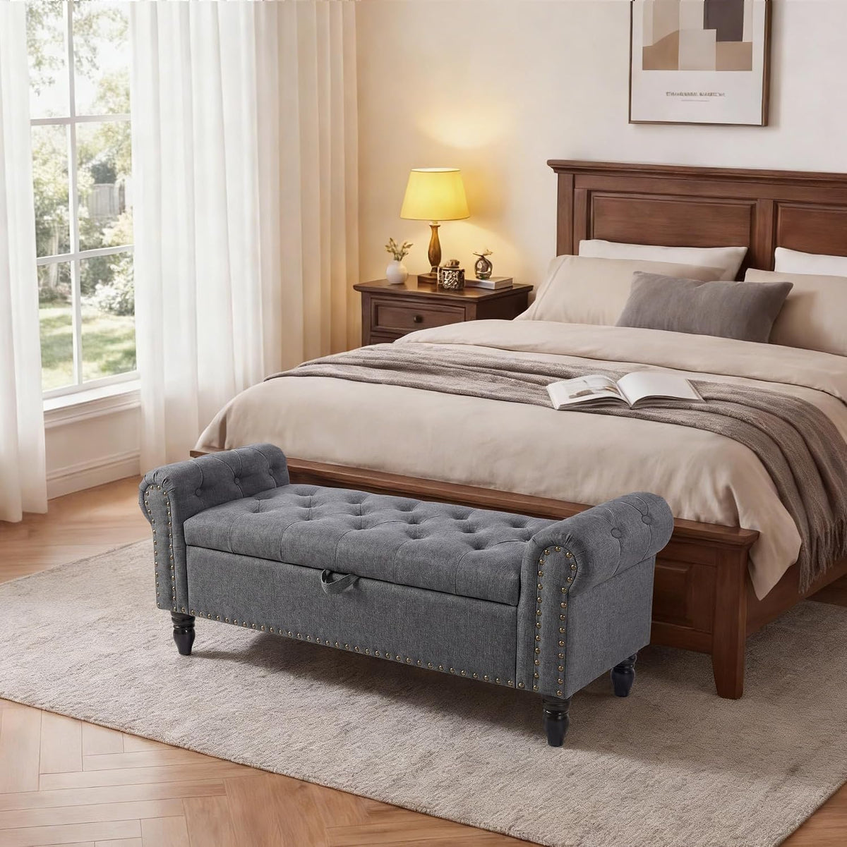 51in Bedroom Storage Bench for End of Bed, Upholstered Ottoman Bench with Button Tufted Design and Rolled Arms, Anti Cotton and Linen Entryway Bench with Safety Hinge for Living Room, Closet, Gray