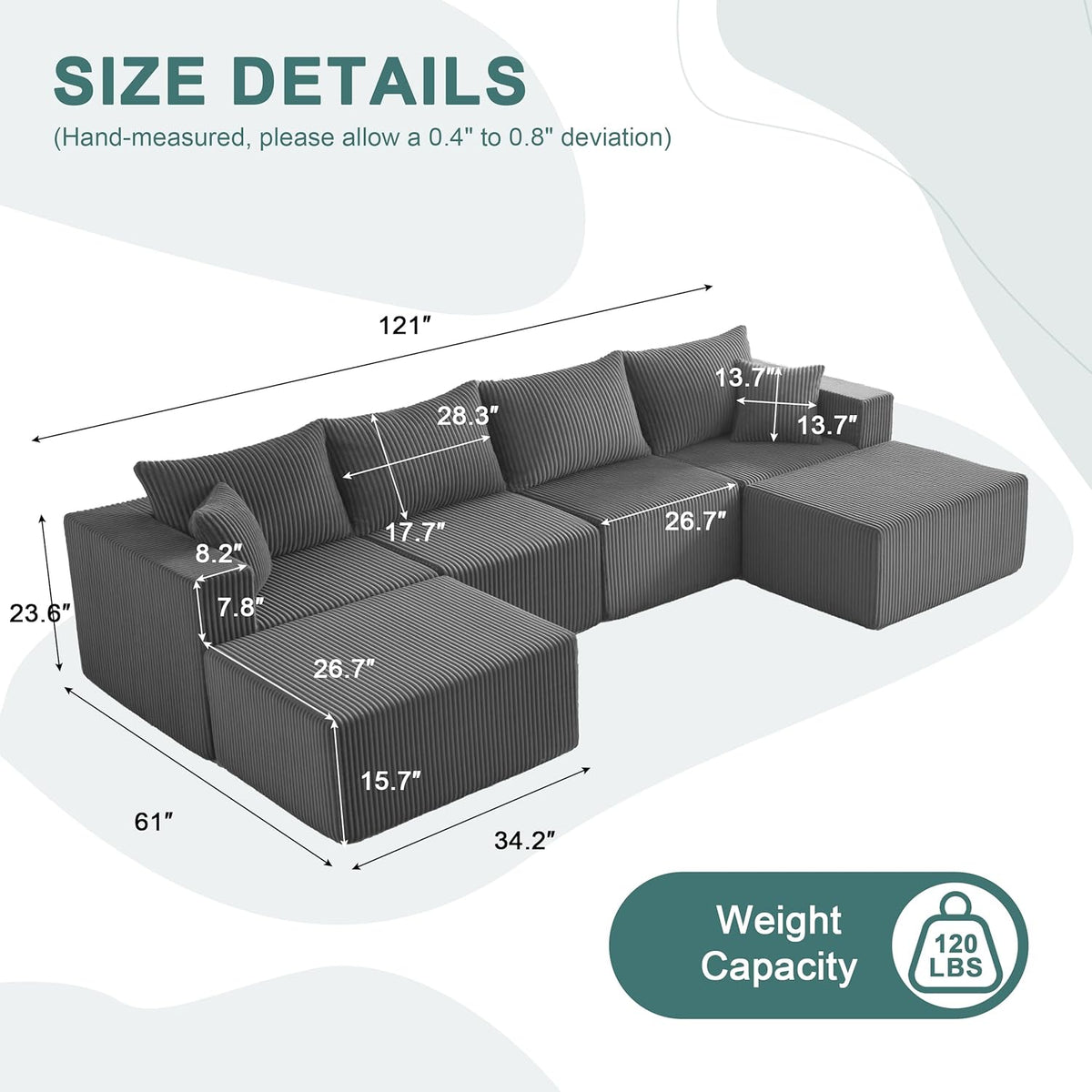 121" Couch, U Shaped Sofa, Sectional Couches for Living Room | Couches for Living Room, Cloud deep seat,modular sectional sofa, Converts to sleeper w/ Oversized ottoman（Grey)