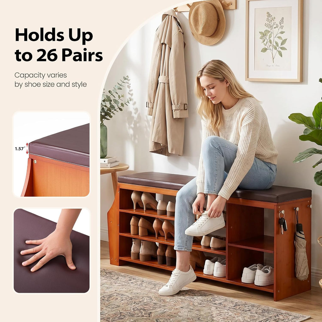 OAKHAM 50" Bamboo Shoe Storage Bench with Comfortable Padded Faux Leather Seat and 550 lbs Capacity, 3-Level Adjustable Shelf, Side Storage Slot and 3 Hooks for Entryway Hallway Mudroom, Brown