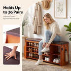 OAKHAM 50" Bamboo Shoe Storage Bench with Comfortable Padded Faux Leather Seat and 550 lbs Capacity, 3-Level Adjustable Shelf, Side Storage Slot and 3 Hooks for Entryway Hallway Mudroom, Brown