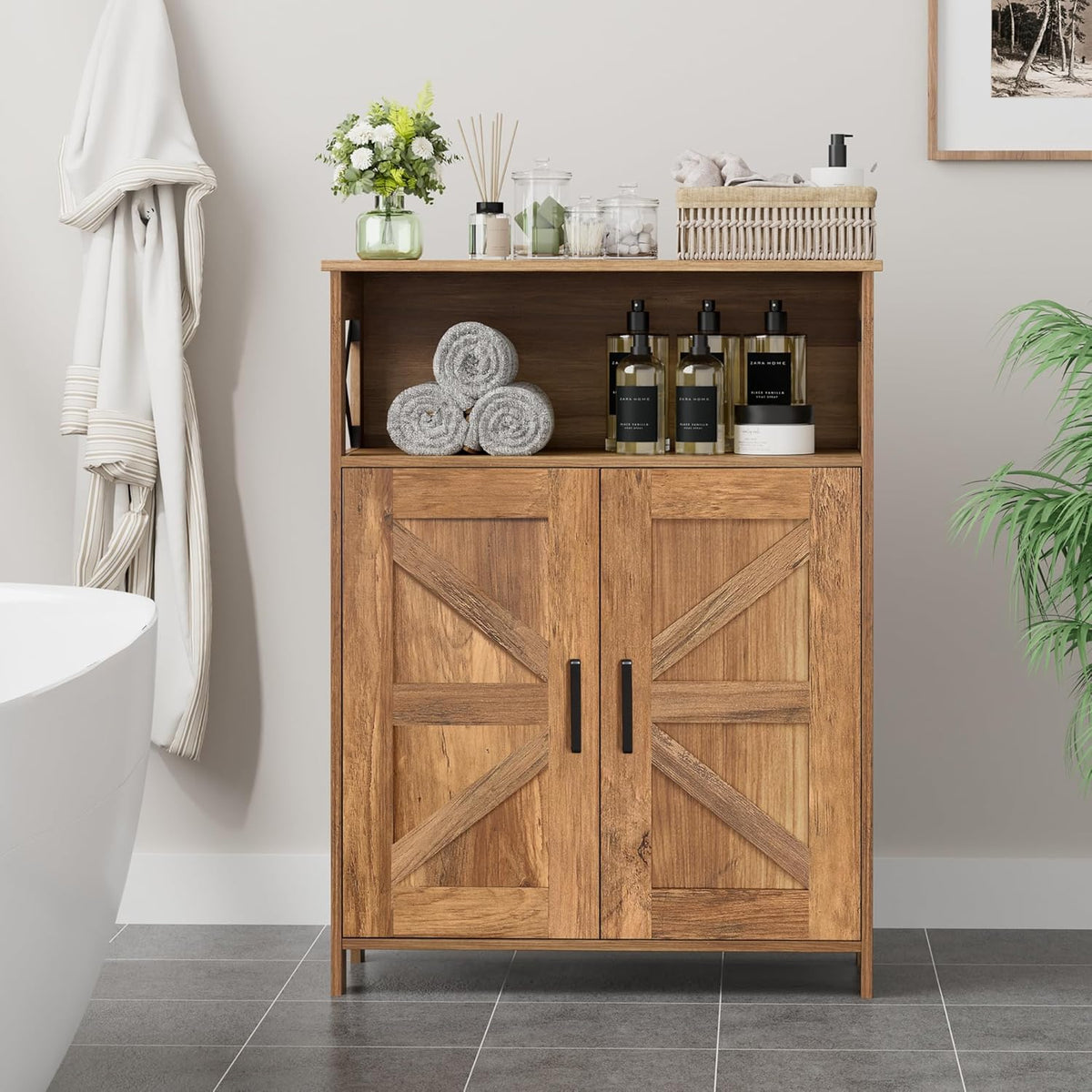 Homhedy Farmhouse Bathroom Storage Cabinet with 2 Doors, Toilet Paper Cabinet with Adjustable Shelf, Small Bathroom Cabinet for Kitchen/Laundry/Living Room, 11.8 x 23.6 x 31.5 Inches, Rustic Walnut